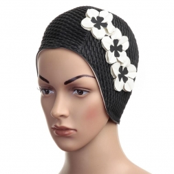 Шапочка для плавания женская "FASHY Babble Cap with Flowers", резина, черно-белый Шапочка для плавания женская "FASHY Babble Cap with Flowers", резина, черно-белый