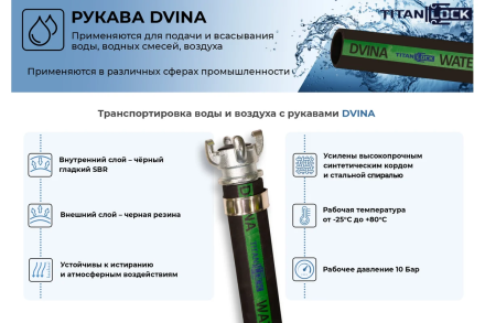 Рукав для воды напорно-всасывающий DVINA (10 м, 10 бар, внутренний диаметр 76 мм) TITAN LOCK TL076DV оптом, фото 2