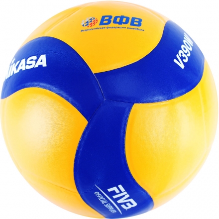 Мяч вол. &quot;MIKASA V390W&quot;, р.5, синт.кожа (ПУ), 18 пан., оф. парам. FIVB,клееный, бут.кам, желто-синий оптом, фото 1