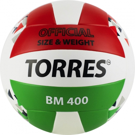 Мяч вол. &quot;TORRES BM400&quot; арт.V32015, р.5, синт. кожа (ТПУ), клееный, бут.кам., бело-крас-зелен оптом, фото 1