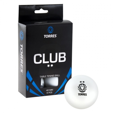 Мяч для наст. тенниса TORRES Club 2*, арт. TT0014, диам. 40+мм, упак. 6 шт, белый оптом, фото 1