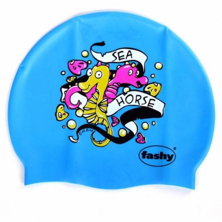 Шапочка для плавания детская &quot;FASHY Silicone Cap Printed&quot;, принт &quot;морской конек&quot;, ярко-голубой оптом, фото 1