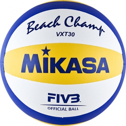 Мяч вол. пляжн. &quot;MIKASA VXT30&quot;,мягкая синт.кожа (ПУ),маш.сш.,10 пан, бут.кам,нейлон.к,бел-син-желт оптом, фото 1