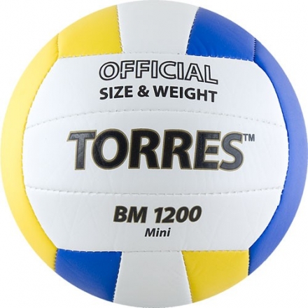 Мяч вол. сув. &quot;TORRES BM1200 Mini&quot;,арт.V30031, р.1, диам. 15 см синт. кожа (ТПУ),маш.сш,бел-син-желт оптом, фото 1