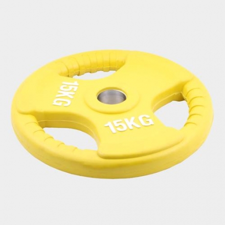 Олимпийский диск евро-классик с тройным хватом 15 кг. (обрезиненный, желтый, d51мм.) оптом, фото 1