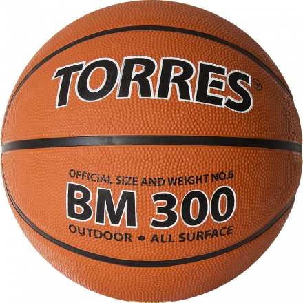 Мяч баск. &quot;TORRES BM300&quot; арт.B02016, р.6, резина, нейлон. корд, бут. камера, темнооранж-черн оптом, фото 1