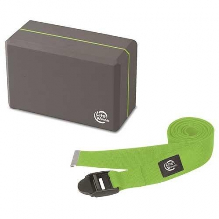 Набор для йоги и пилатеса 5490LW (блок, ремешок), серый/салатовый оптом, фото 1