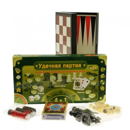 Набор игр 4 в 1 Удачная партия, шашки-шахматы-нарды-карты, большой оптом, фото 1
