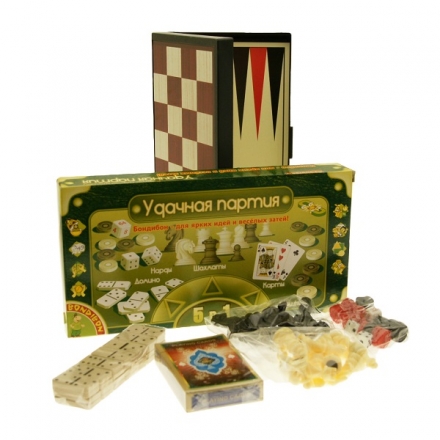 Набор игр 5 в 1 Удачная партия, шашки-шахматы-нарды-карты-домино, большой оптом, фото 1